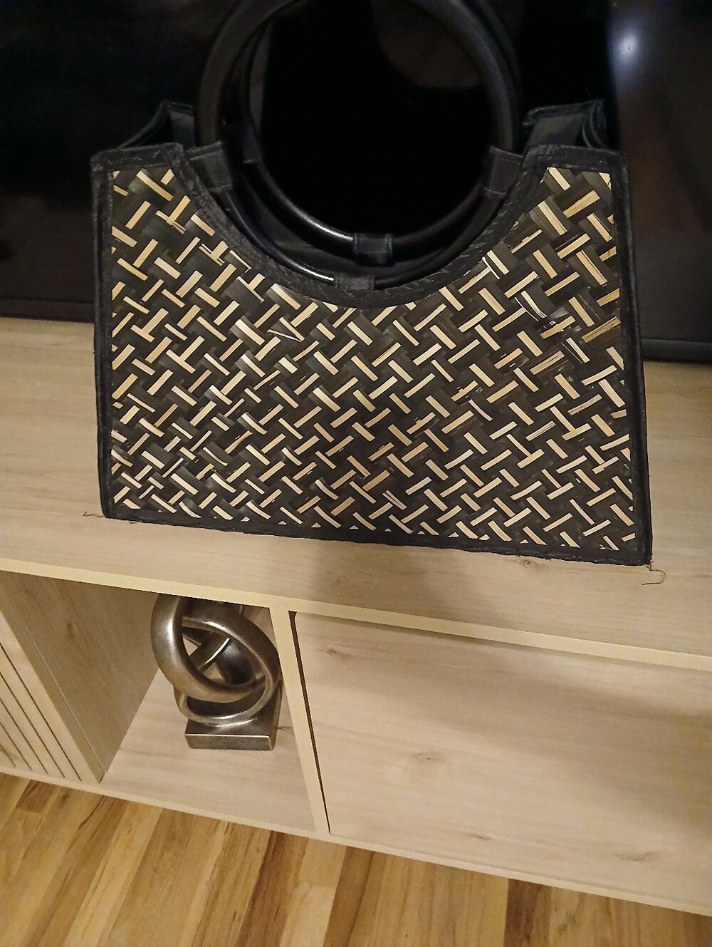Woven Black and Natural Straw Tote Bag